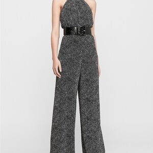 Express Black And White Speckle Halter Wide-Leg Jumpsuit